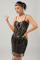 Load image into Gallery viewer, Sparkly Black Golden Spaghetti Straps Sequins Tight Flapper Dress with 20s Accessories Set