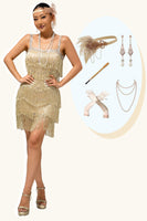 Load image into Gallery viewer, Sparkly Golden Sequins Short Fringed Flapper Dress with 20s Accessories Set