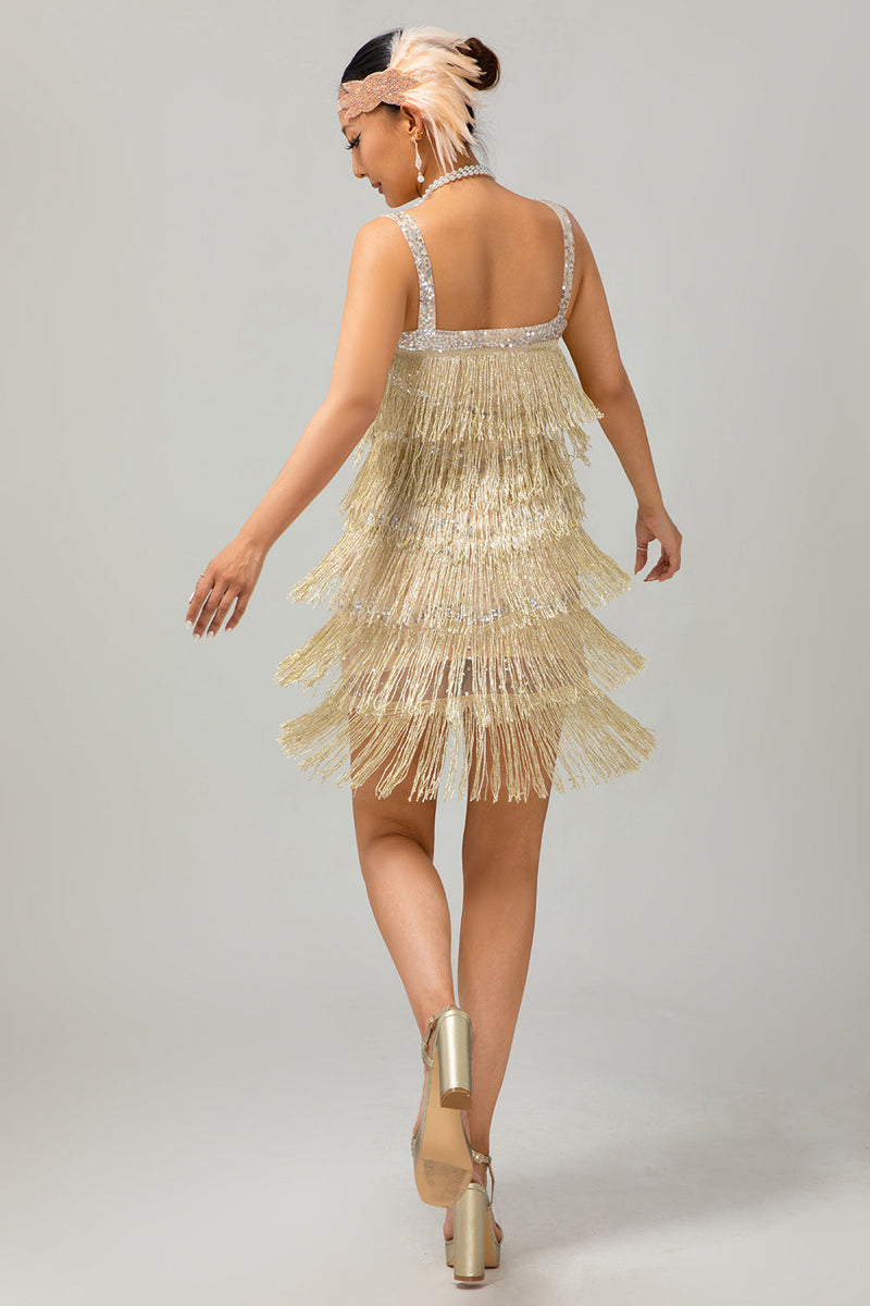 Load image into Gallery viewer, Sparkly Golden Sequins Short Fringed Flapper Dress with 20s Accessories Set