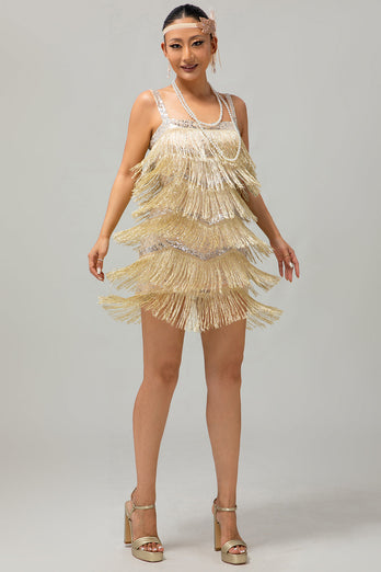 Sparkly Golden Sequins Short Fringed Flapper Dress with 20s Accessories Set