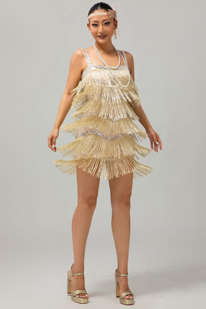 Load image into Gallery viewer, Sparkly Golden Sequins Short Fringed Flapper Dress with 20s Accessories Set