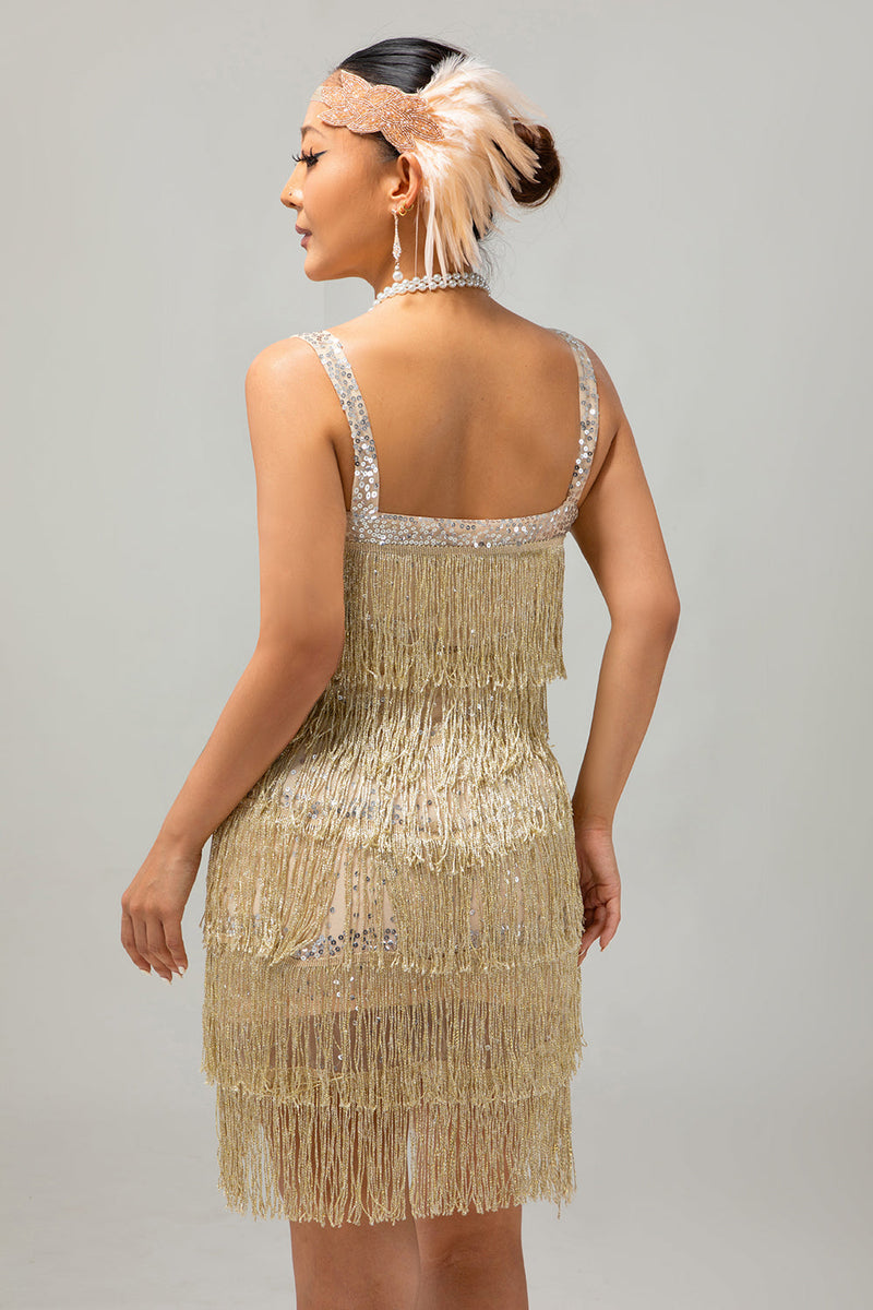 Load image into Gallery viewer, Sparkly Golden Sequins Short Fringed Flapper Dress with 20s Accessories Set