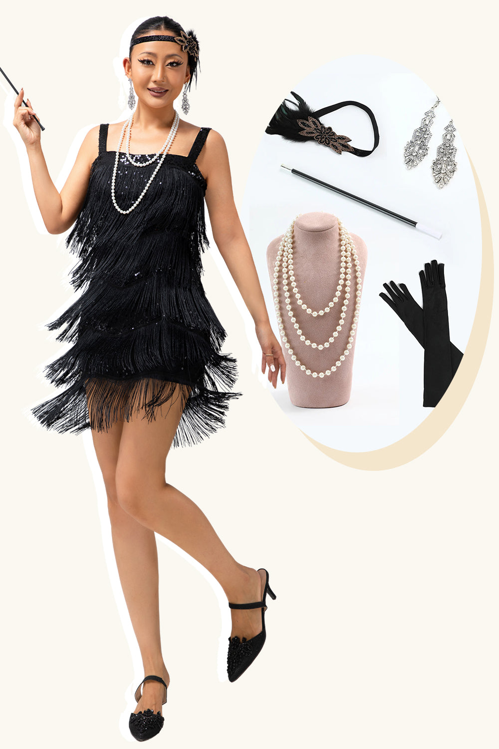 Sparkly Black Tight Short Fringed Flapper Dress with 20s Accessories Set