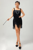 Load image into Gallery viewer, Sparkly Black Tight Short Fringed Flapper Dress with 20s Accessories Set