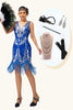 Load image into Gallery viewer, Sparkly Royal Blue V-Neck Fringed Sequins Short Flapper Dress with 20s Accessories Set