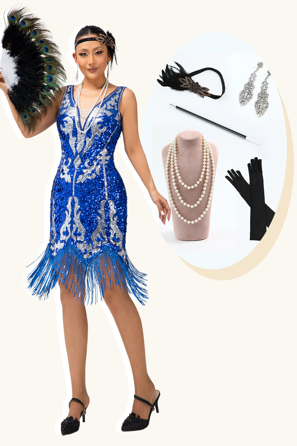 Sparkly Royal Blue V-Neck Fringed Sequins Short Flapper Dress with 20s Accessories Set