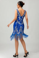 Load image into Gallery viewer, Sparkly Royal Blue V-Neck Fringed Sequins Short Flapper Dress with 20s Accessories Set