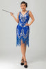 Load image into Gallery viewer, Sparkly Royal Blue V-Neck Fringed Sequins Short Flapper Dress with 20s Accessories Set