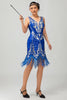 Load image into Gallery viewer, Sparkly Royal Blue V-Neck Fringed Sequins Short Flapper Dress with 20s Accessories Set