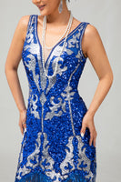 Load image into Gallery viewer, Sparkly Royal Blue V-Neck Fringed Sequins Short Flapper Dress with 20s Accessories Set