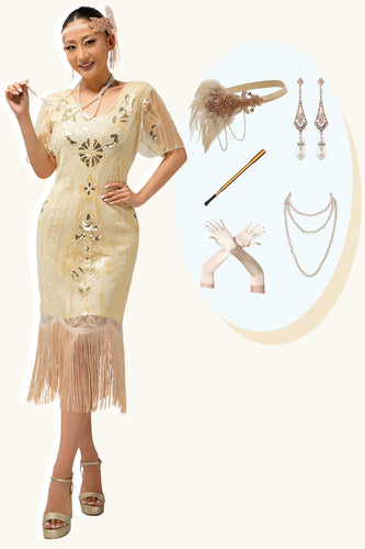 Sparkly Apricot Bodycon Fringed Flapper Dress with 20s Accessories Set