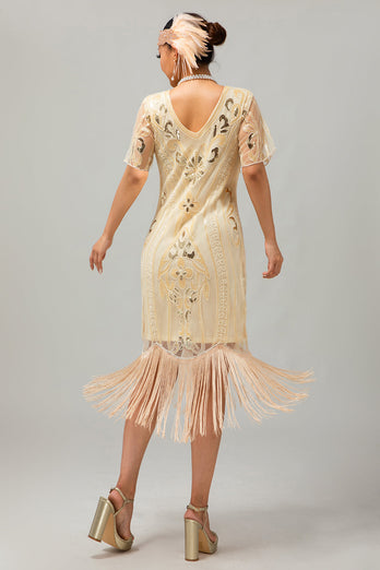 Sparkly Apricot Bodycon Fringed Flapper Dress with 20s Accessories Set