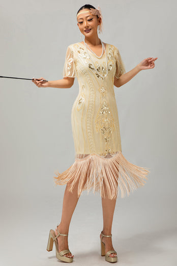 Sparkly Apricot Bodycon Fringed Flapper Dress with 20s Accessories Set