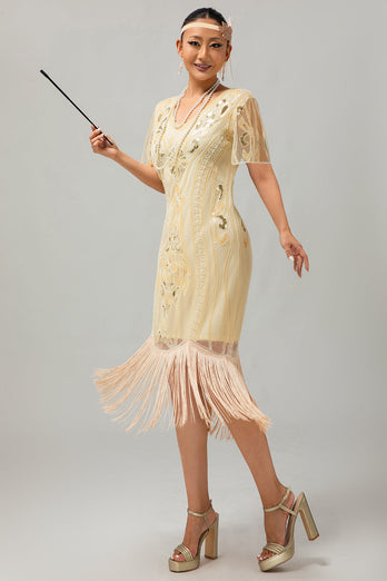 Sparkly Apricot Bodycon Fringed Flapper Dress with 20s Accessories Set