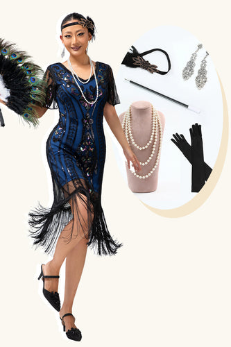 Sparkly Black Blue V-Neck Fringed Short Sleeves Flapper Dress with 20s Accessories Set