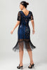 Load image into Gallery viewer, Sparkly Black Blue V-Neck Fringed Short Sleeves Flapper Dress with 20s Accessories Set