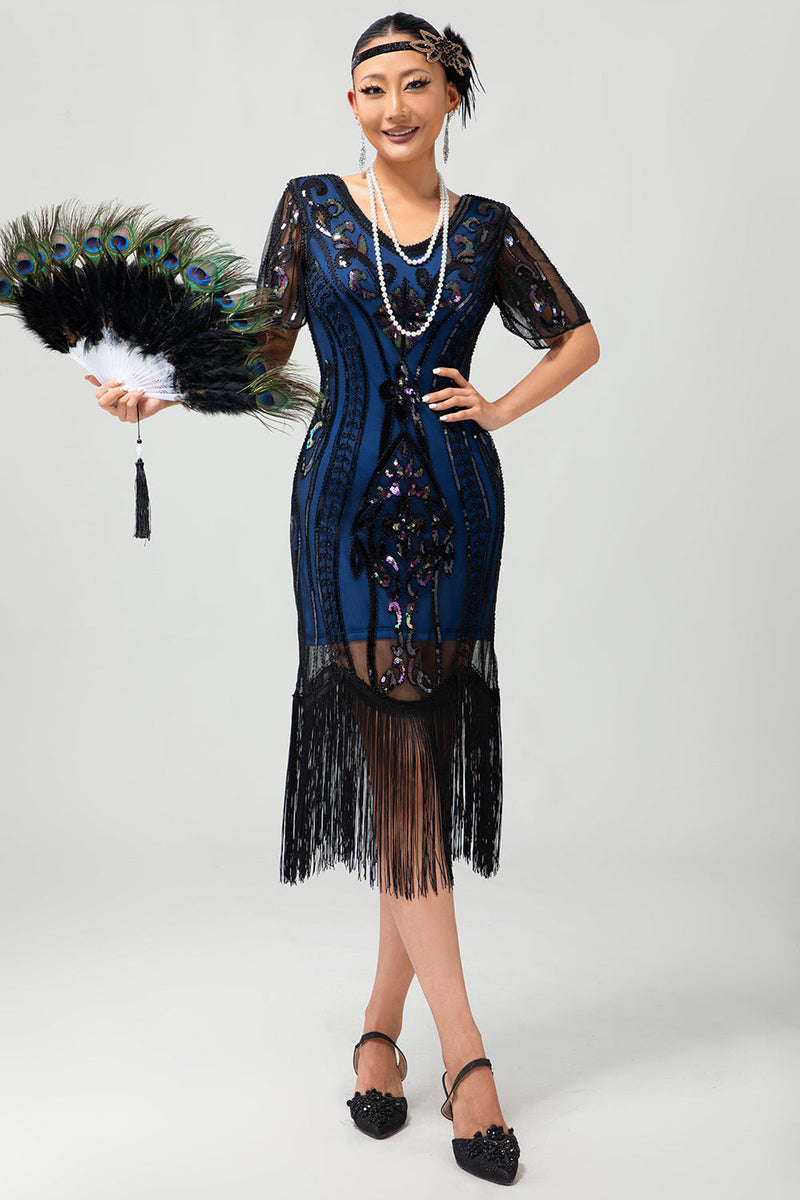 Load image into Gallery viewer, Sparkly Black Blue V-Neck Fringed Short Sleeves Flapper Dress with 20s Accessories Set
