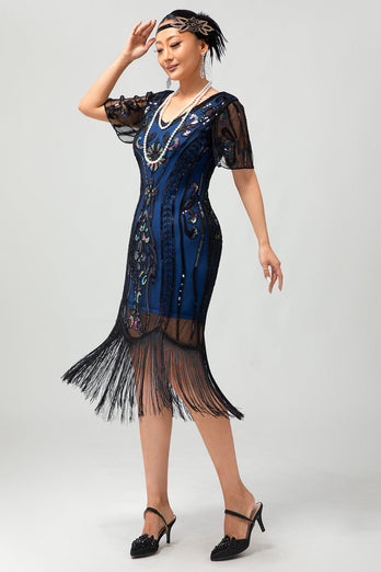 Sparkly Black Blue V-Neck Fringed Short Sleeves Flapper Dress with 20s Accessories Set