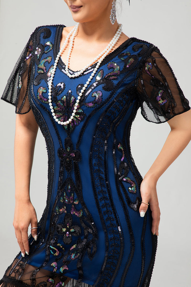 Load image into Gallery viewer, Sparkly Black Blue V-Neck Fringed Short Sleeves Flapper Dress with 20s Accessories Set