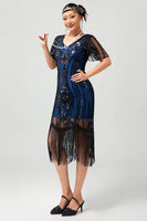 Load image into Gallery viewer, Sparkly Black Blue V-Neck Fringed Short Sleeves Flapper Dress with 20s Accessories Set