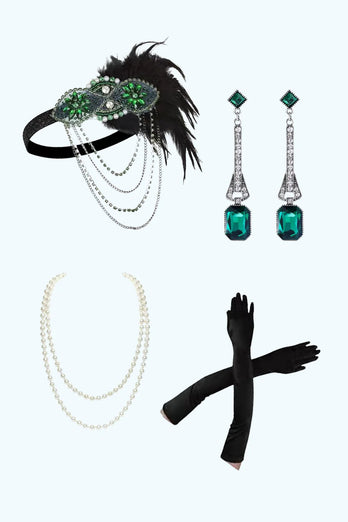 Sparkly Dark Green Sheath V-Neck Fringed Flapper Dress with 20s Accessories Set