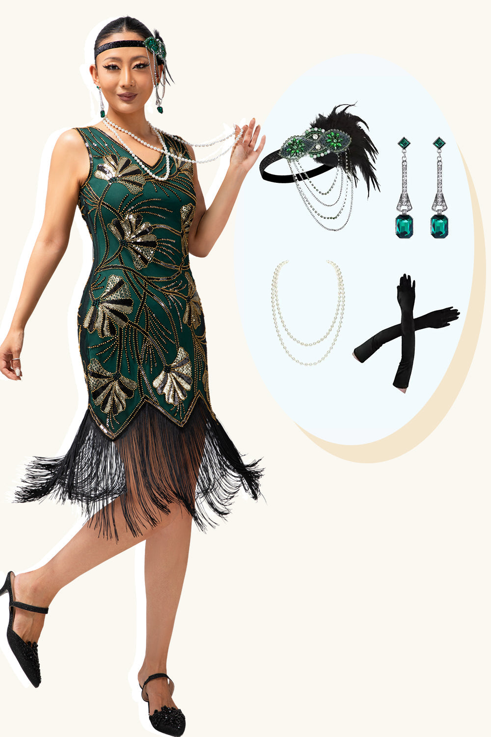 Sparkly Green Golden Fringed Sequins Sheath Short Flapper Dress with 20s Accessories Set