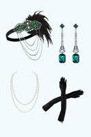 Load image into Gallery viewer, Sparkly Green Golden Fringed Sequins Sheath Short Flapper Dress with 20s Accessories Set