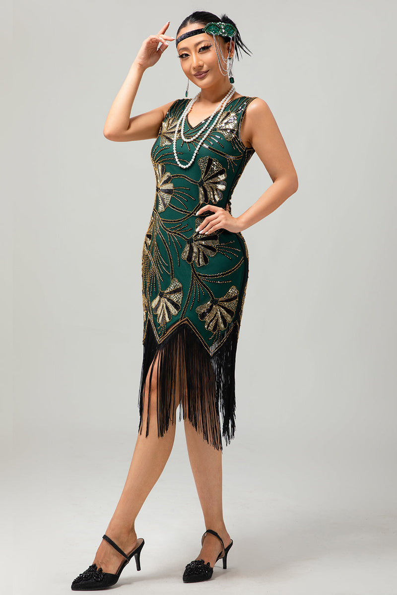 Load image into Gallery viewer, Sparkly Green Golden Fringed Sequins Sheath Short Flapper Dress with 20s Accessories Set