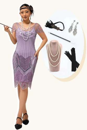 Sparkly Purple V-Neck Short Sleeves Sequins Flapper Dress with 20s Accessories Set