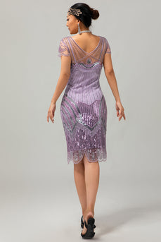 Sparkly Purple V-Neck Short Sleeves Sequins Flapper Dress with 20s Accessories Set
