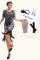 Load image into Gallery viewer, Sparkly Black Silver Sequins Short Sleeves Fringed Flapper Dress with 20s Accessories Set