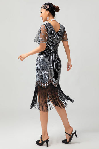 Sparkly Black Silver Sequins Short Sleeves Fringed Flapper Dress with 20s Accessories Set