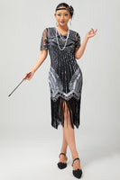 Load image into Gallery viewer, Sparkly Black Silver Sequins Short Sleeves Fringed Flapper Dress with 20s Accessories Set
