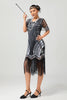 Load image into Gallery viewer, Sparkly Black Silver Sequins Short Sleeves Fringed Flapper Dress with 20s Accessories Set