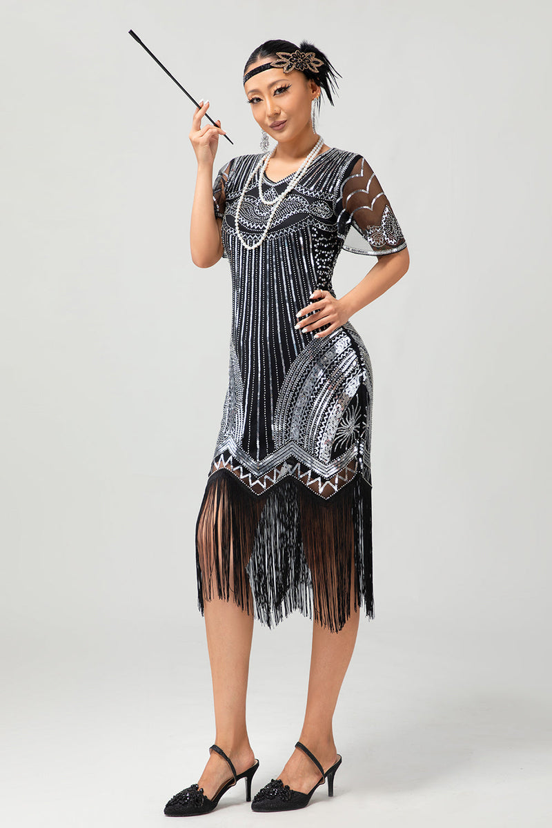 Load image into Gallery viewer, Sparkly Black Silver Sequins Short Sleeves Fringed Flapper Dress with 20s Accessories Set