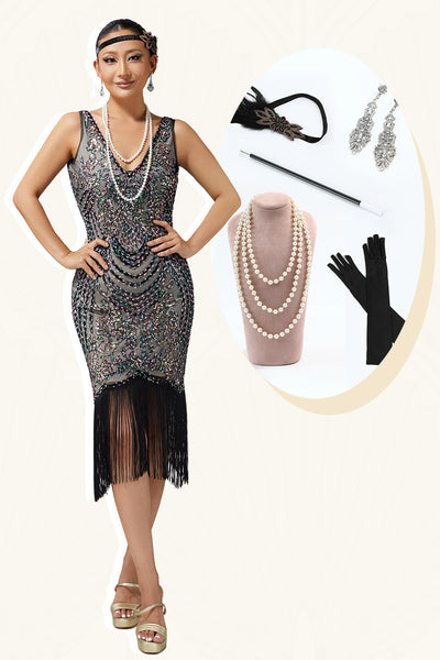 Sparkly Black Apricot Beaded Fringed 1920s Flapper Dress with 20s Accessories Set