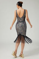 Load image into Gallery viewer, Sparkly Black Apricot Beaded Fringed 1920s Flapper Dress with 20s Accessories Set