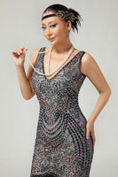 Load image into Gallery viewer, Sparkly Black Apricot Beaded Fringed 1920s Flapper Dress with 20s Accessories Set