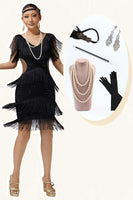 Load image into Gallery viewer, Sparkly Black Cut Out Fringed Short Flapper Dress with 20s Accessories Set