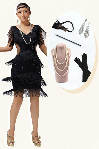 Sparkly Black Cut Out Fringed Short Flapper Dress with 20s Accessories Set