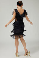 Load image into Gallery viewer, Sparkly Black Cut Out Fringed Short Flapper Dress with 20s Accessories Set