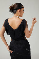 Load image into Gallery viewer, Sparkly Black Cut Out Fringed Short Flapper Dress with 20s Accessories Set