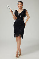 Load image into Gallery viewer, Sparkly Black Cut Out Fringed Short Flapper Dress with 20s Accessories Set