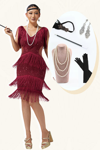 Sparkly Burgundy Sequins V-Neck Fringed Flapper Dress with 20s Accessories Set
