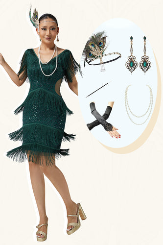 Sparkly Dark Green V-Neck Fringed Beaded Flapper Dress with 20s Accessories Set