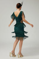 Load image into Gallery viewer, Sparkly Dark Green V-Neck Fringed Beaded Flapper Dress with 20s Accessories Set