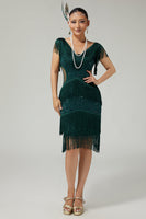 Load image into Gallery viewer, Sparkly Dark Green V-Neck Fringed Beaded Flapper Dress with 20s Accessories Set