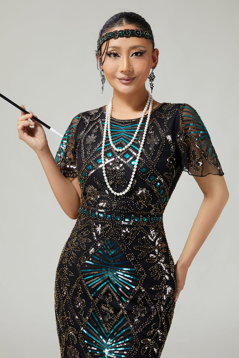Load image into Gallery viewer, Sparkly Black Blue Fringed Sequins Flapper Dress with 20s Accessories Set