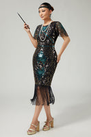 Load image into Gallery viewer, Sparkly Black Blue Fringed Sequins Flapper Dress with 20s Accessories Set