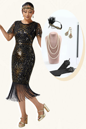 Sparkly Black Golden Beaded Fringed Flapper Dress with 20s Accessories Set